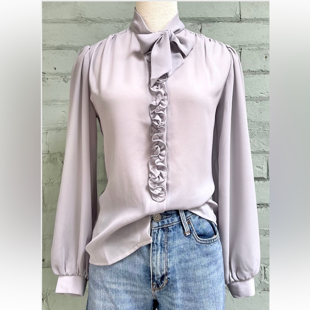 Vintage Sheer Gray Long Sleeve Ruffle Blouse with Bow Tie Collar - Picture 2 of 8
